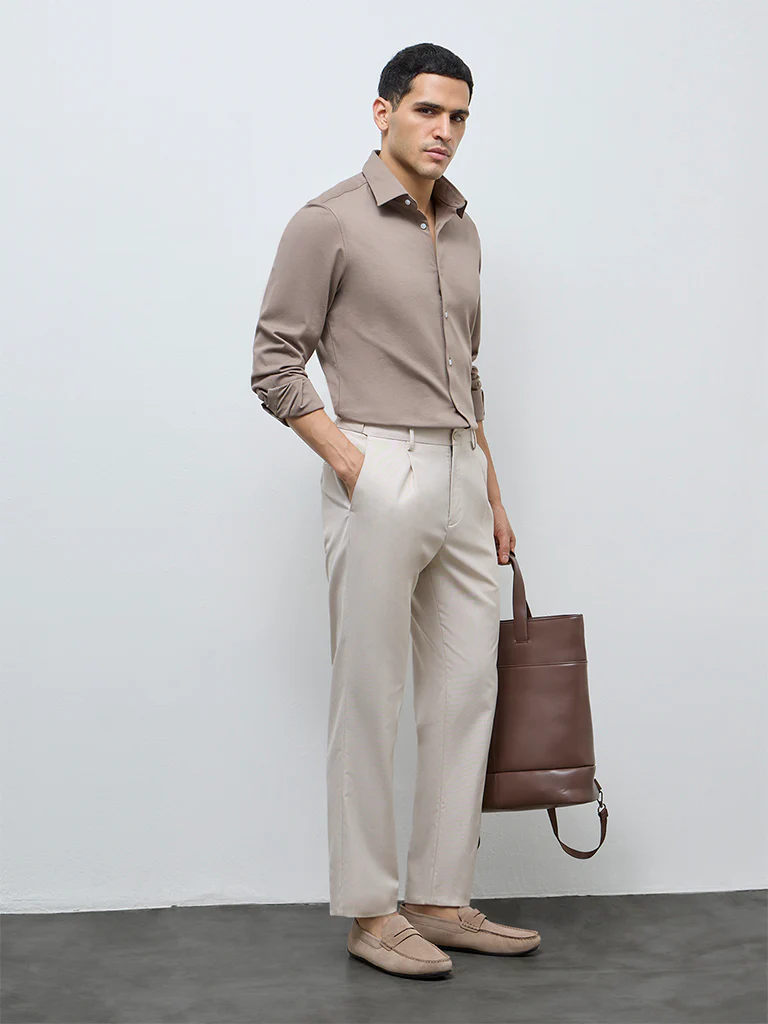 WES Formals Taupe Solid Slim-Fit Cotton-Blend Shirt