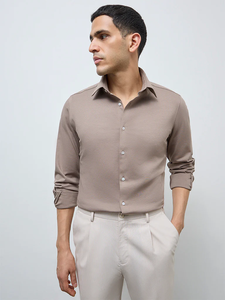 WES Formals Taupe Solid Slim-Fit Cotton-Blend Shirt - Image 3