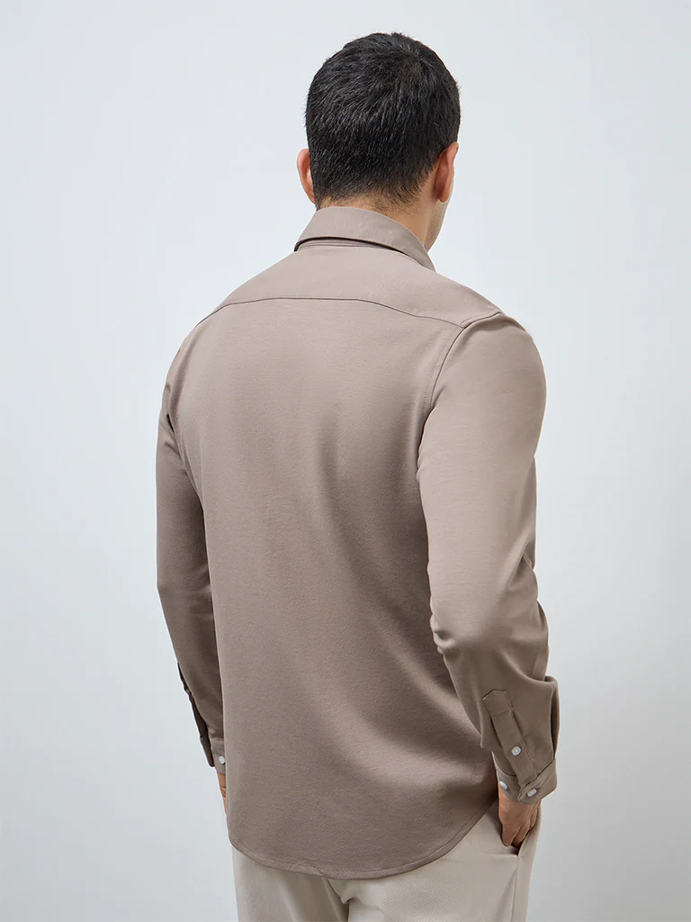 WES Formals Taupe Solid Slim-Fit Cotton-Blend Shirt - Image 5