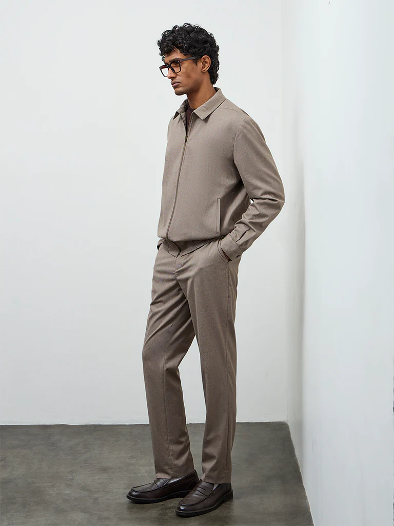 WES Formals Taupe Solid Slim-Fit Cotton Jacket - Image 2