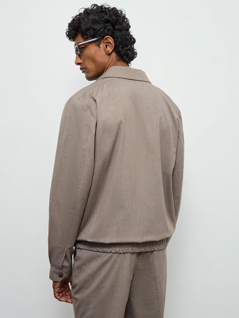 WES Formals Taupe Solid Slim-Fit Cotton Jacket - Image 4
