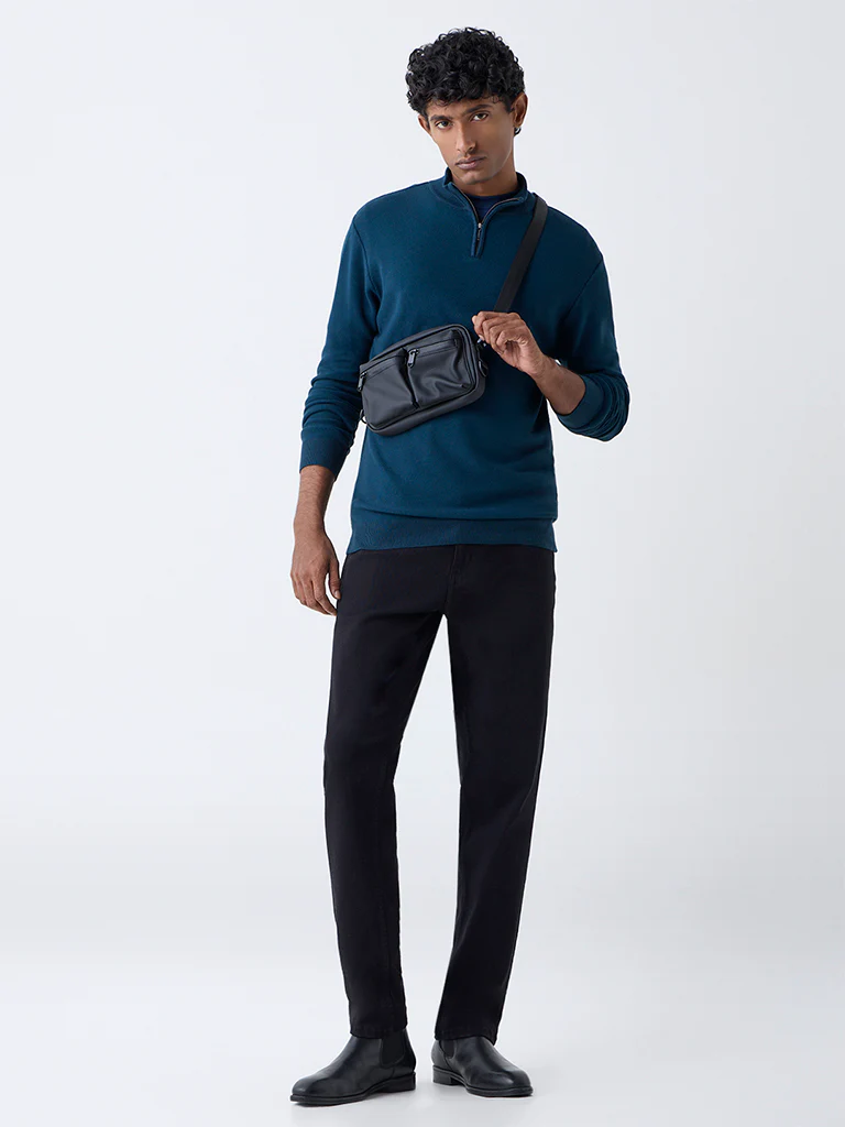 WES Formals Teal Knit-Textured Slim-Fit Quarter Zip Sweater - Image 4