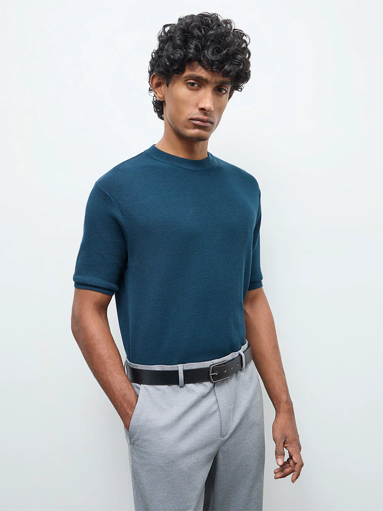 WES Formals Teal Knitted Slim-Fit T-Shirt