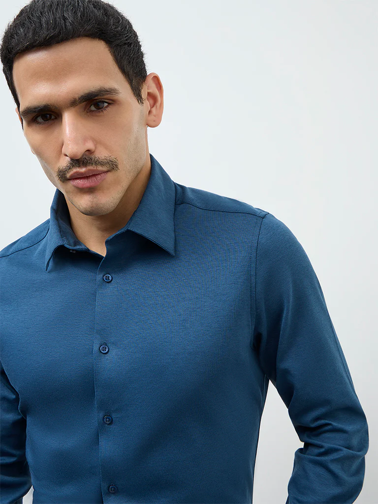 WES Formals Teal Solid Slim-Fit Cotton-Blend Shirt - Image 4
