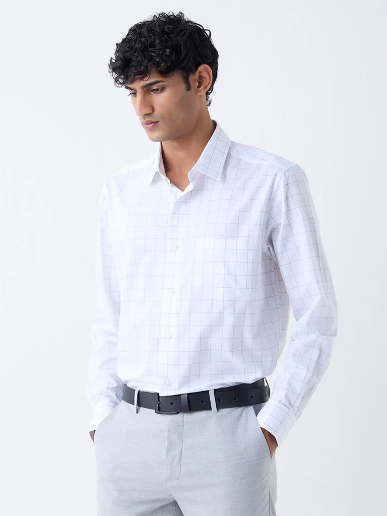 WES Formals White Checks Design Relaxed-Fit Cotton Shirt - Image 2
