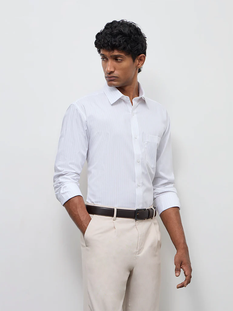 WES Formals White Pinstripe Relaxed-Fit Cotton Shirt