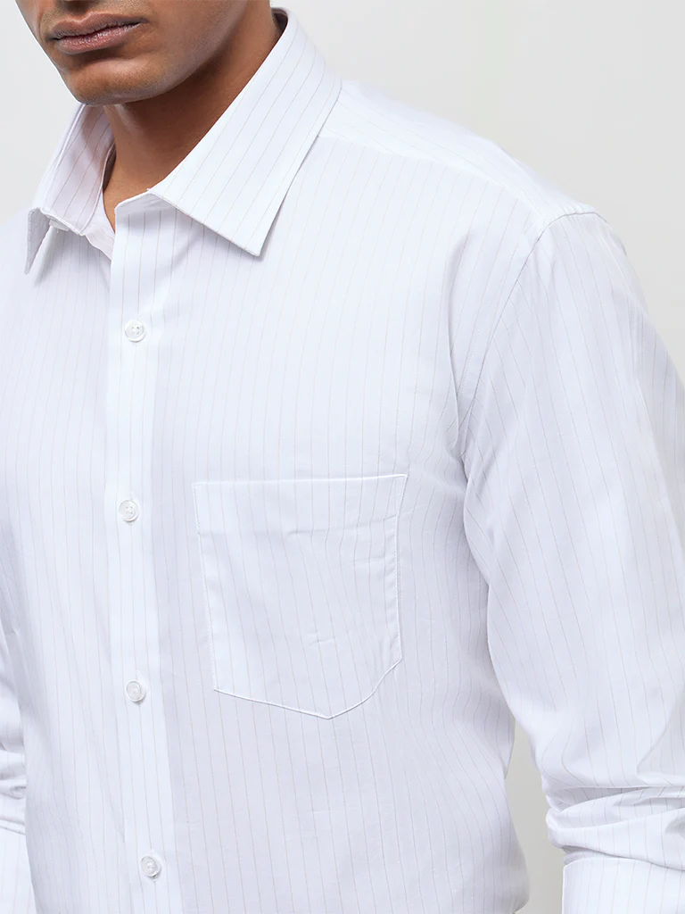 WES Formals White Pinstripe Relaxed-Fit Cotton Shirt - Image 3