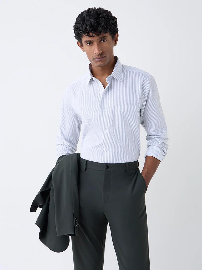 WES Formals White Pinstriped Relaxed-Fit Cotton Shirt
