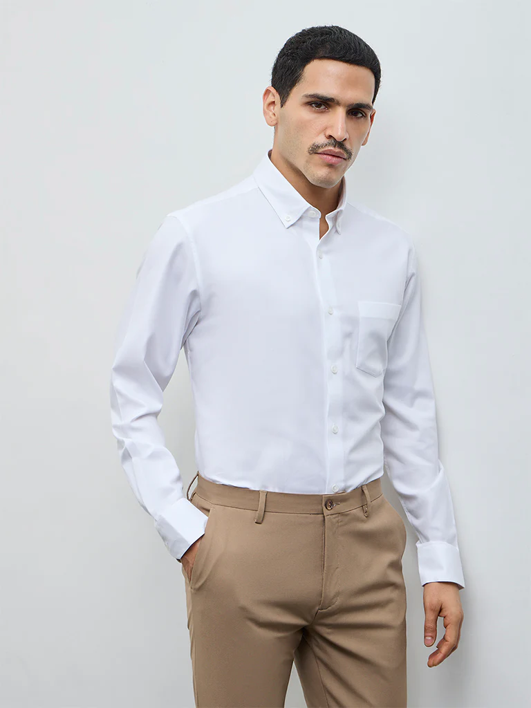 WES Formals White Solid Relaxed-Fit Cotton Shirt