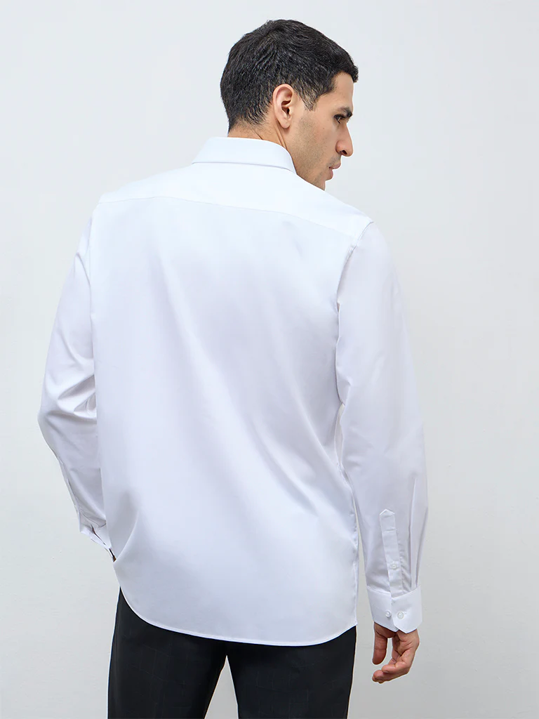 WES Formals White Solid Slim-Fit Cotton Shirt - Image 4