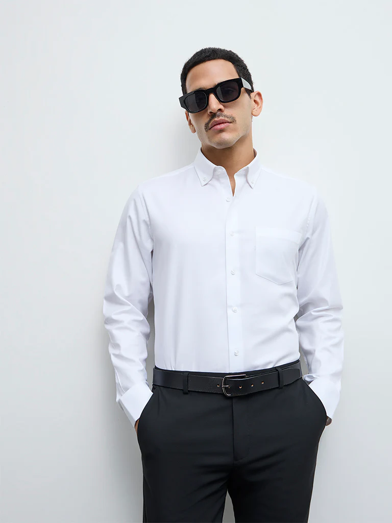 WES Formals White Solid Slim-Fit Cotton Shirt