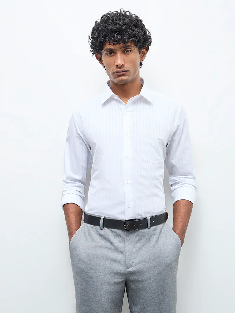 WES Formals White Striped Slim-Fit Cotton Shirt