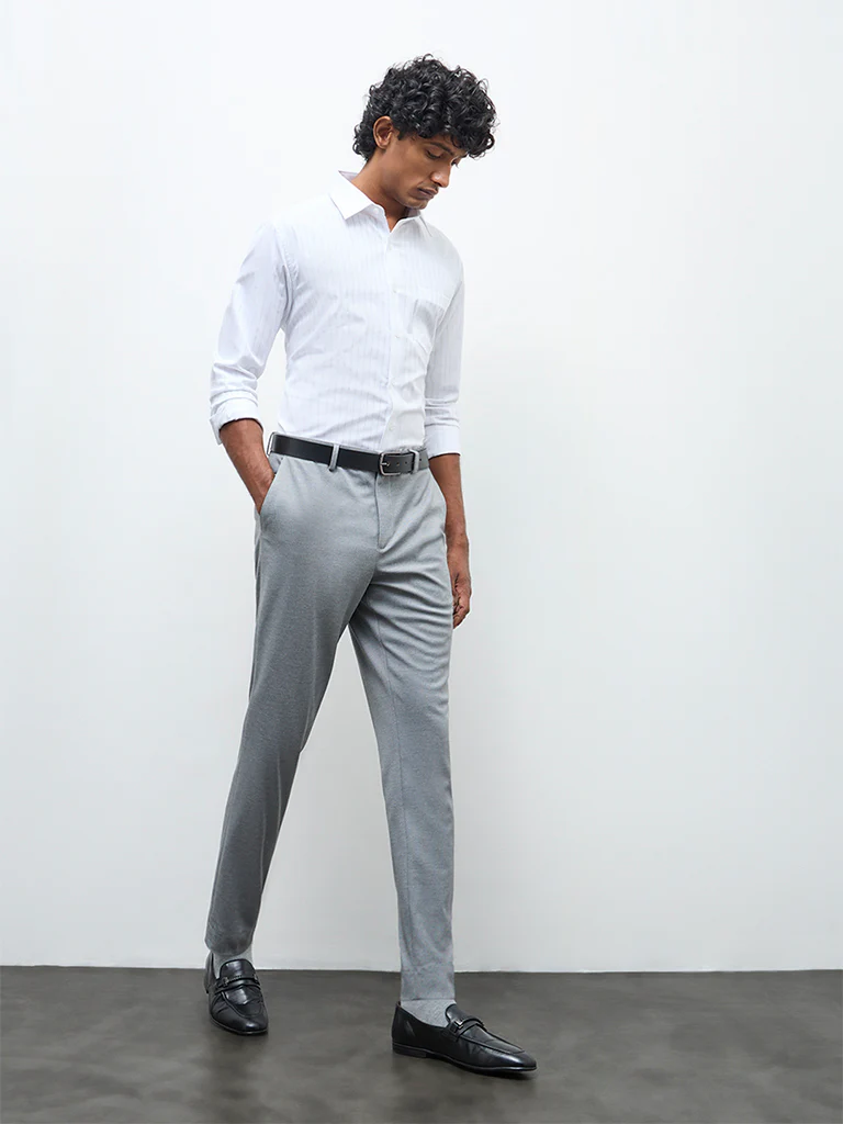 WES Formals White Striped Slim-Fit Cotton Shirt - Image 2