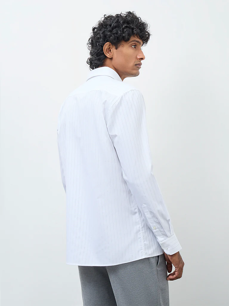 WES Formals White Striped Slim-Fit Cotton Shirt - Image 4