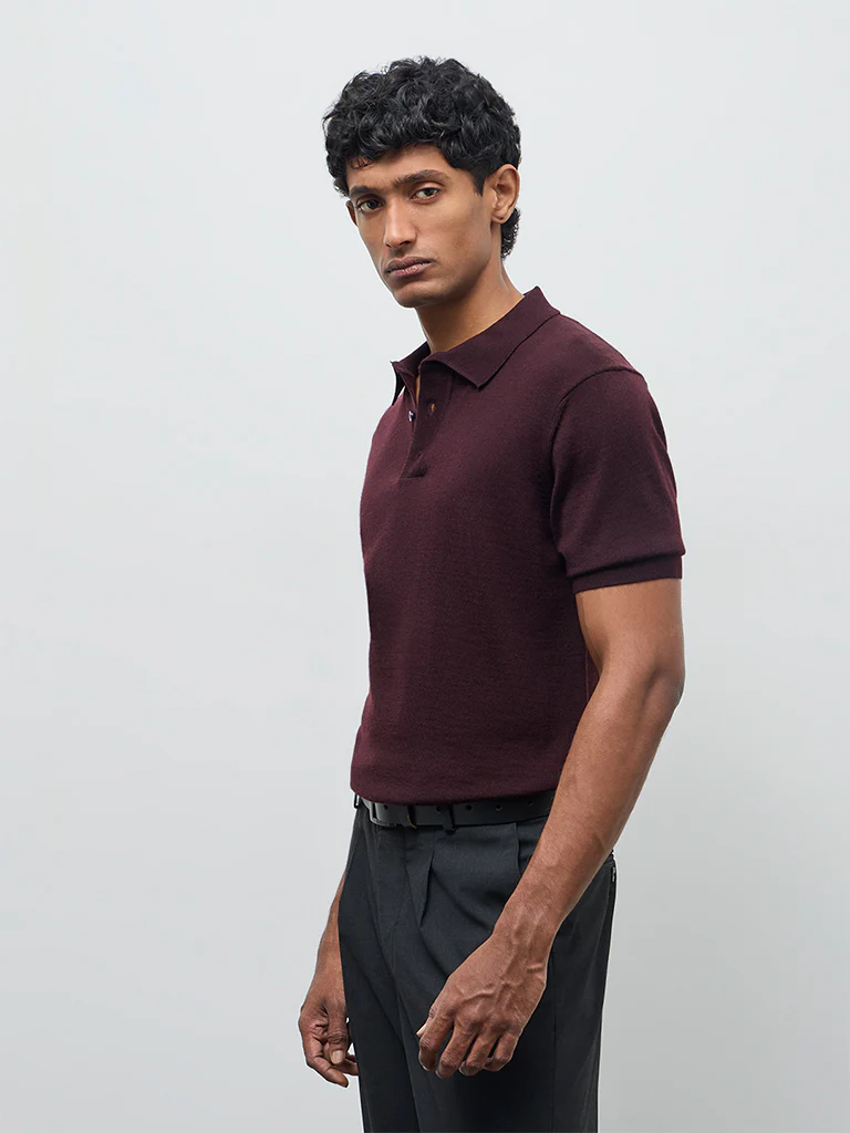 WES Formals Wine Knit-Textured Relaxed-Fit Polo T-Shirt - Image 3