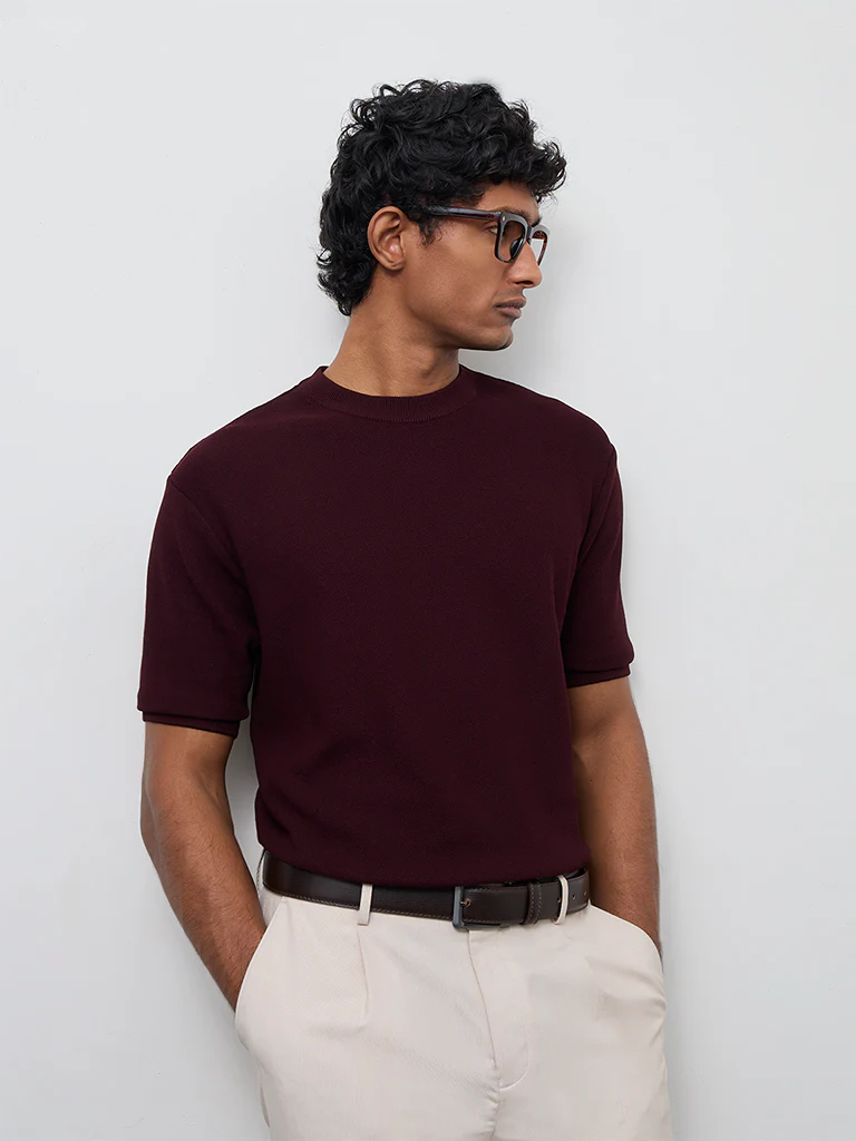 WES Formals Wine Knit-Textured Slim-Fit T-Shirt