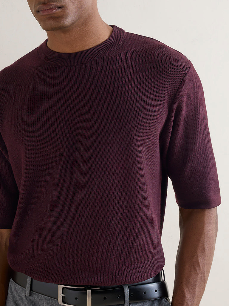 WES Formals Wine Knitted Slim-Fit T-Shirt - Image 3