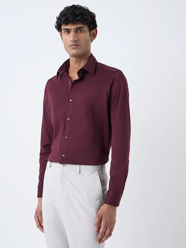 WES Formals Wine Slim-Fit Cotton-Blend Shirt
