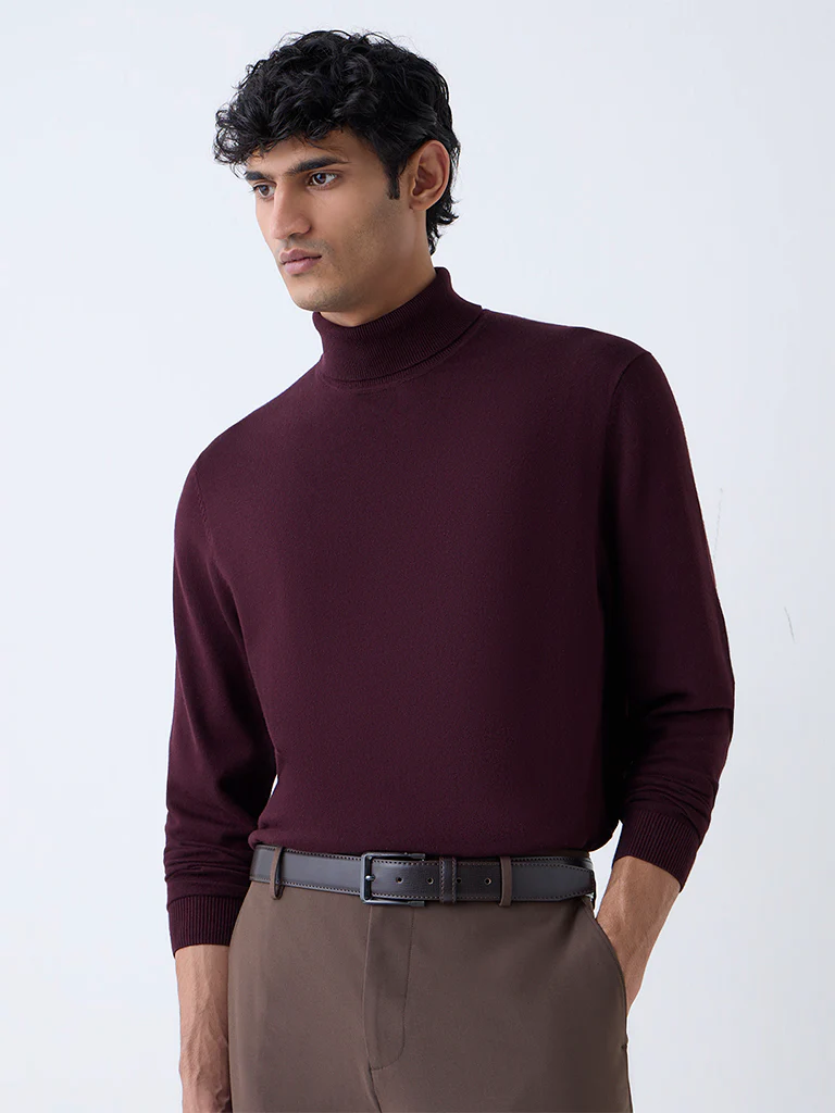 WES Formals Wine Slim-Fit Turtleneck Sweater
