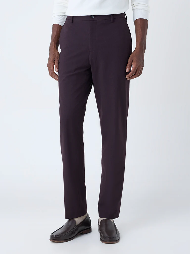 WES Formals Wine Solid Slim-Fit Mid-Rise Trousers - Image 2