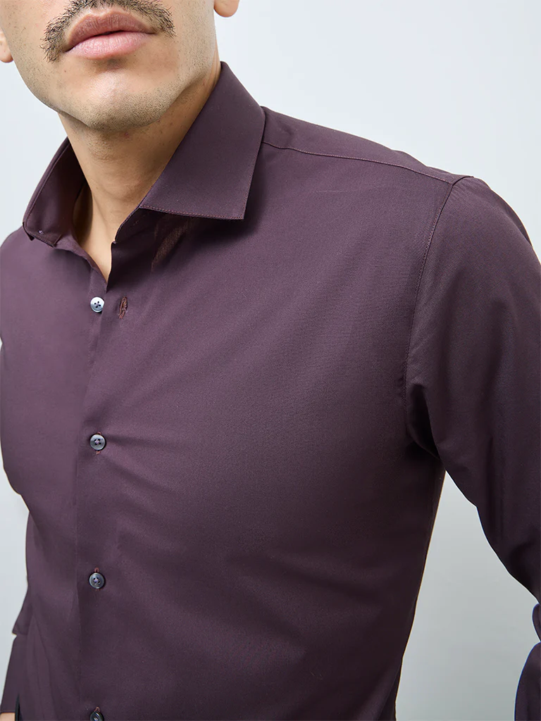 WES Formals Wine Solid Ultra Slim-Fit Cotton-Blend Shirt - Image 4