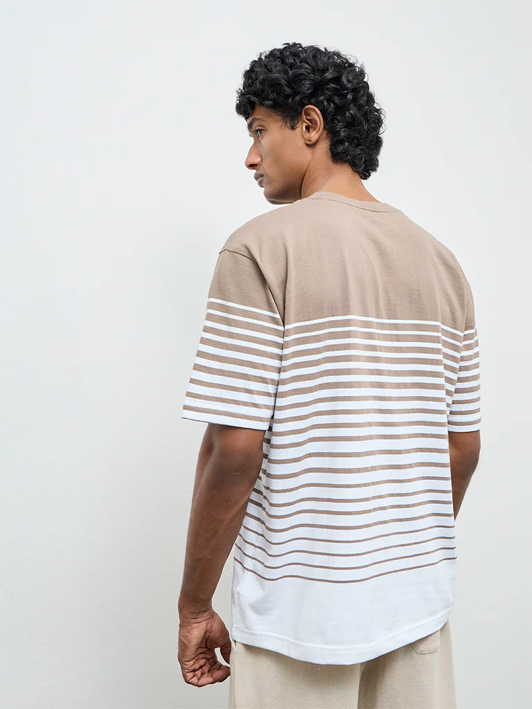 WES Lounge Beige Striped Relaxed-Fit Cotton-Blend T-Shirt - Image 4