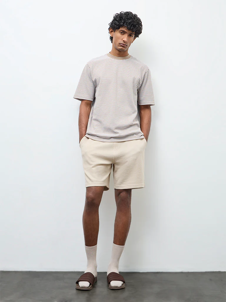 WES Lounge Beige Striped Relaxed-Fit Cotton T-Shirt - Image 2