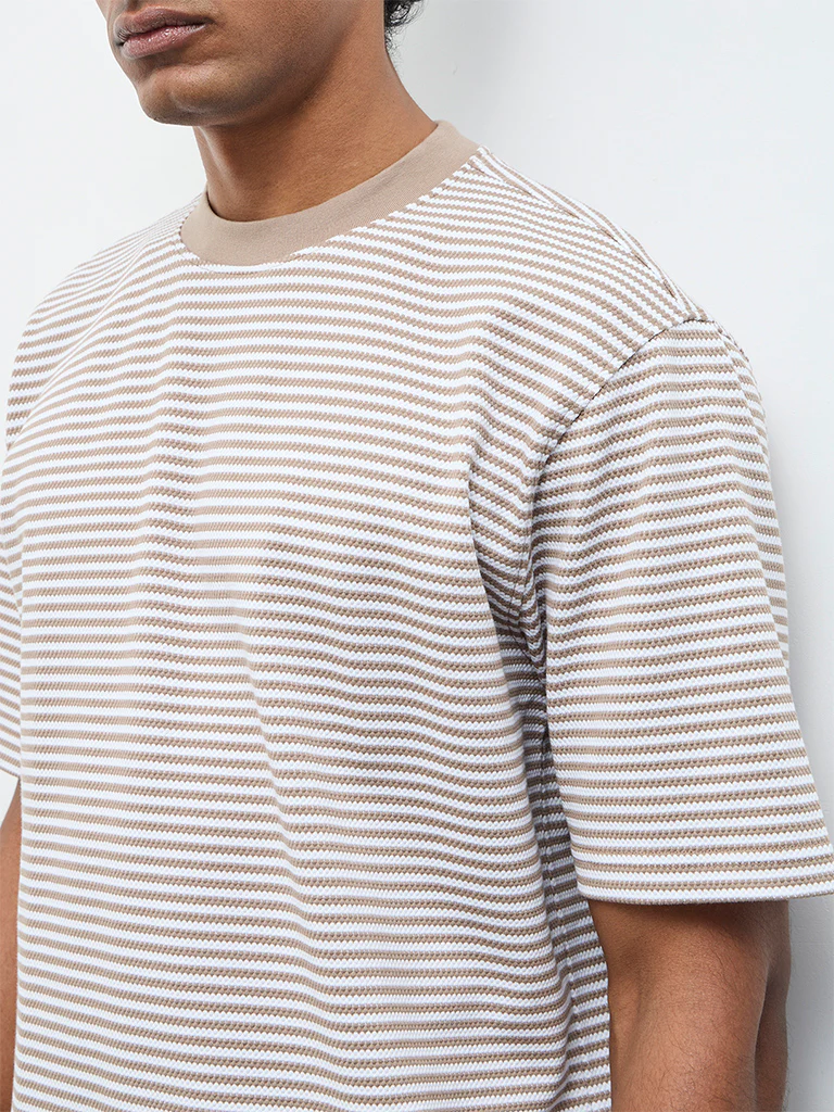 WES Lounge Beige Striped Relaxed-Fit Cotton T-Shirt - Image 3