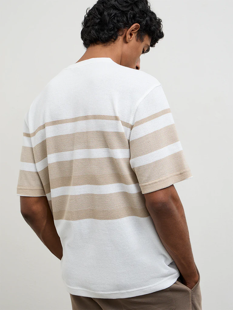 WES Lounge Beige Striped Relaxed-Fit Cotton T-Shirt - Image 4
