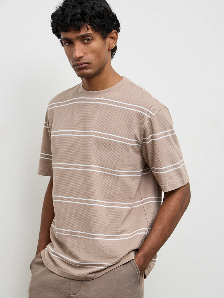 WES Lounge Beige Striped Relaxed-Fit Cotton T-Shirt