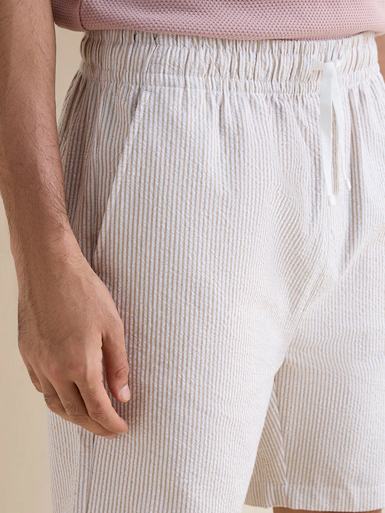 WES Lounge Beige Striped Relaxed-Fit Mid-Rise Cotton Shorts - Image 3