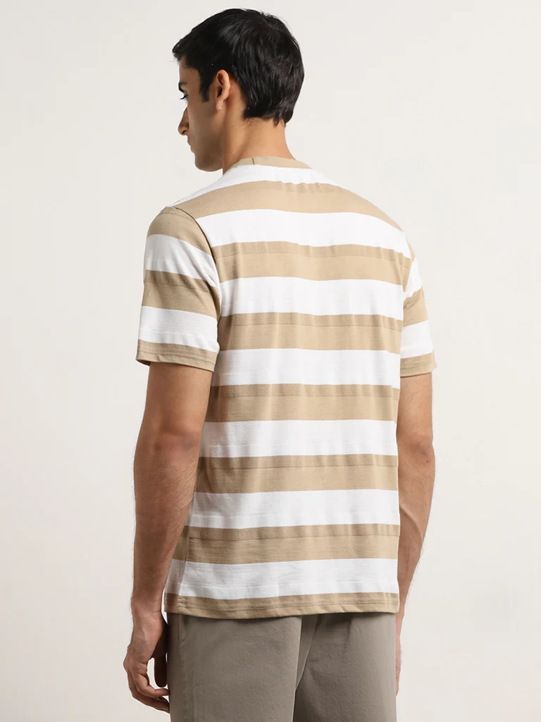 WES Lounge Beige Striped Relaxed-Fit T-Shirt - Image 4