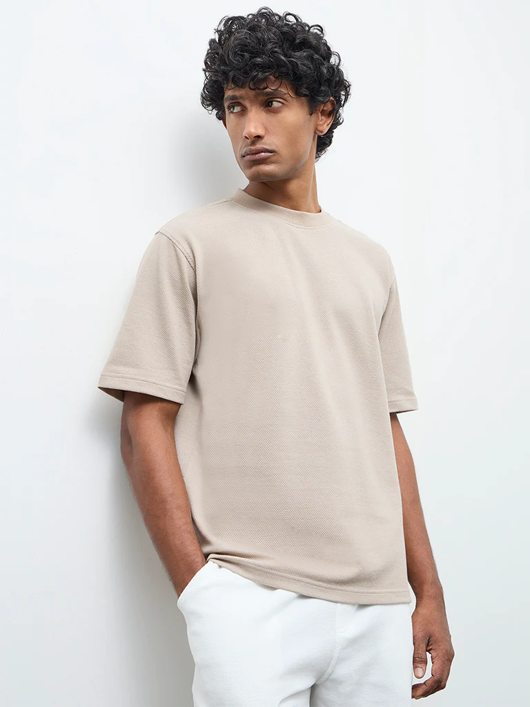 WES Lounge Beige Textured Relaxed-Fit Cotton T-Shirt