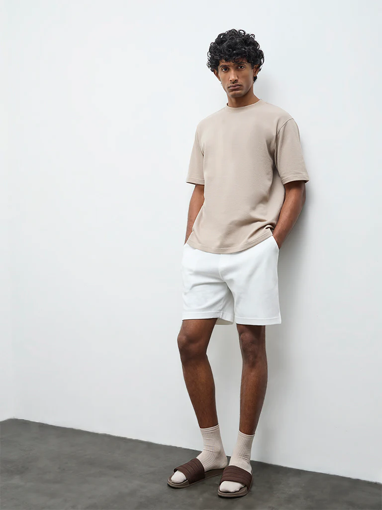 WES Lounge Beige Textured Relaxed-Fit Cotton T-Shirt - Image 2