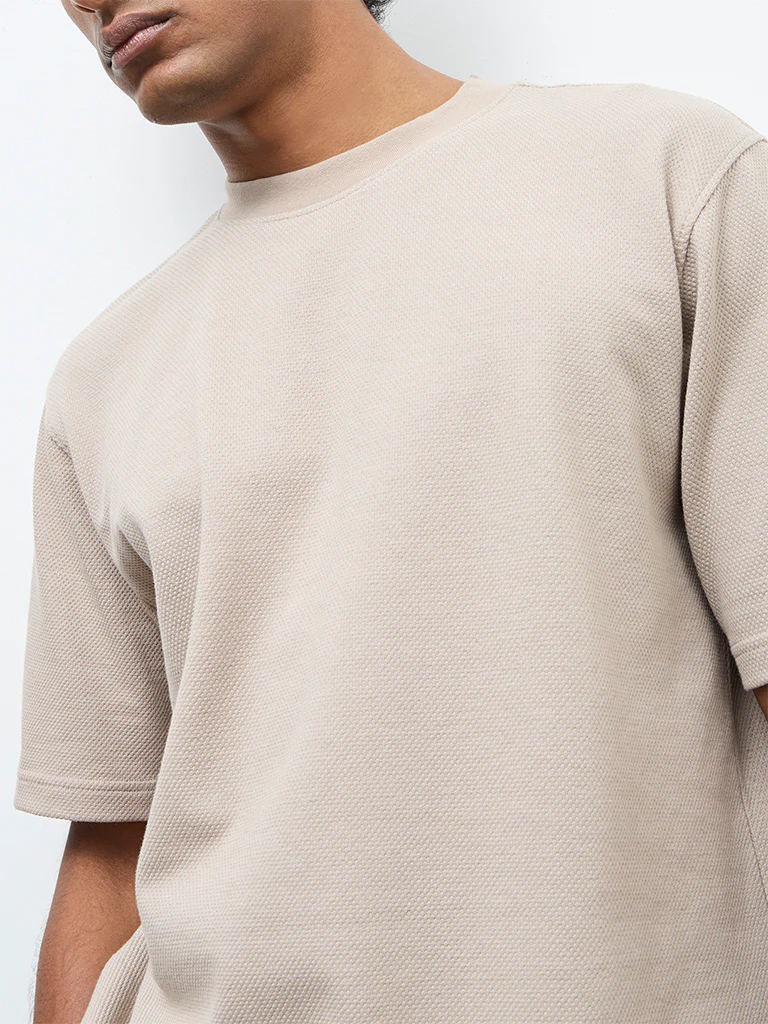 WES Lounge Beige Textured Relaxed-Fit Cotton T-Shirt - Image 3