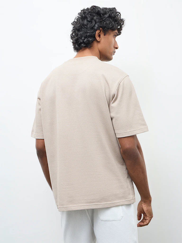 WES Lounge Beige Textured Relaxed-Fit Cotton T-Shirt - Image 4
