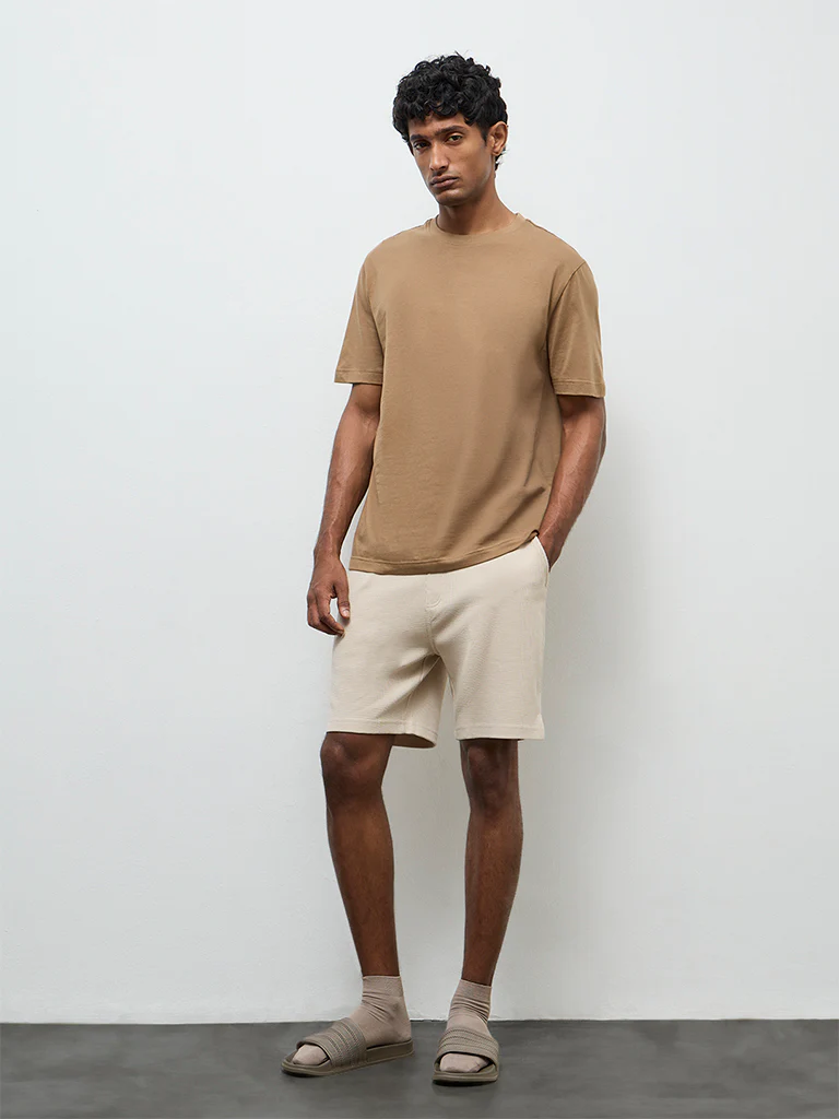 WES Lounge Beige Textured Relaxed-Fit Mid-Rise Cotton-Blend Shorts
