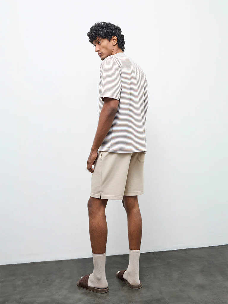 WES Lounge Beige Waffle-Textured Relaxed-Fit Mid-Rise Cotton-Blend Shorts - Image 5
