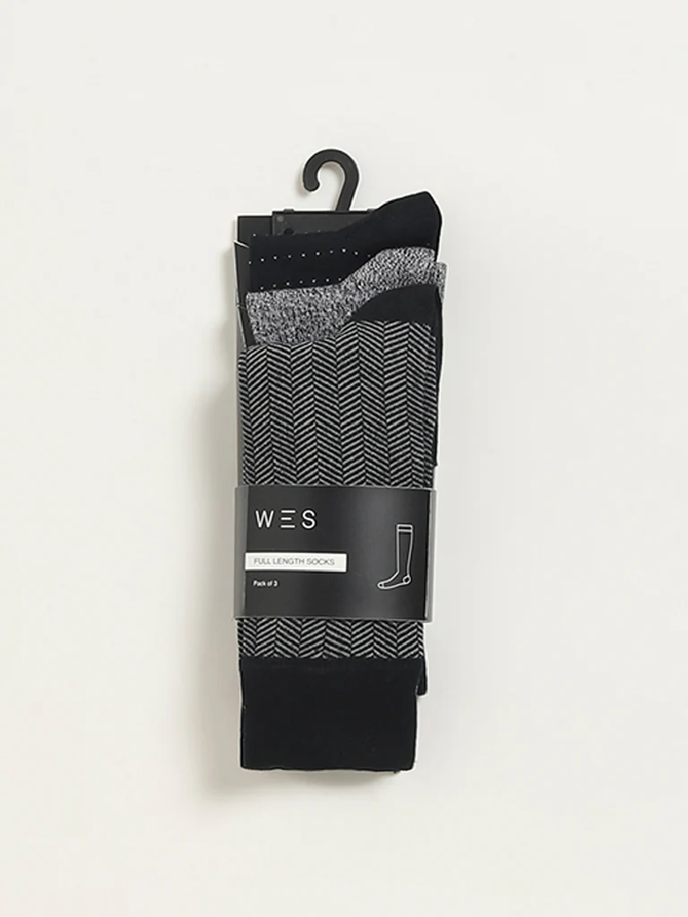 WES Lounge Black Printed Cotton-Blend Full Length Socks - Pack of 3 - Image 3