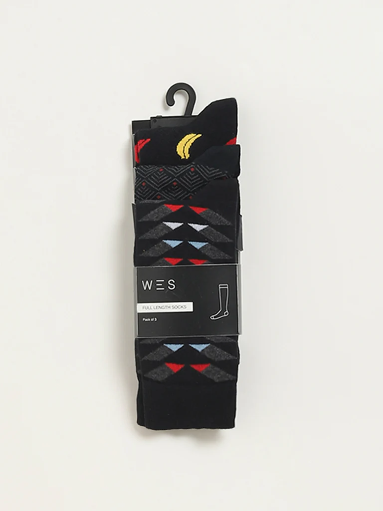 WES Lounge Black Printed Cotton-Blend Full Length Socks - Pack of 3 - Image 3