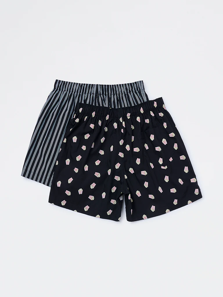 WES Lounge Black Printed Relaxed-Fit Cotton Boxers - Pack of 2 - Image 2