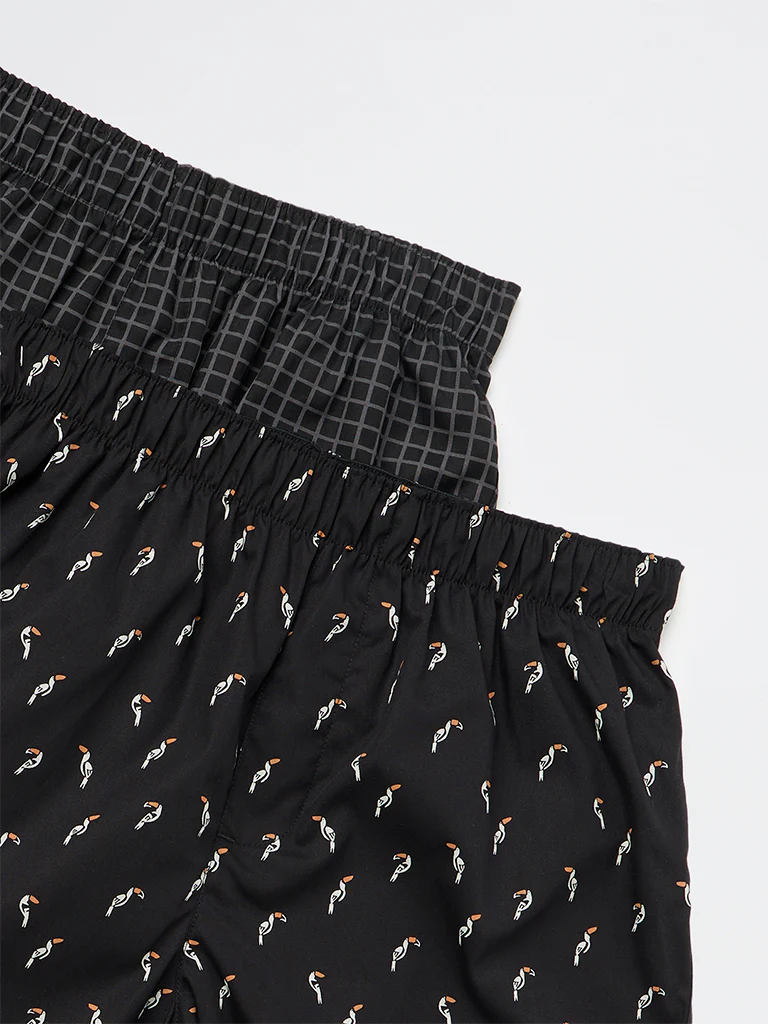 WES Lounge Black Printed Relaxed-Fit Cotton Boxers - Pack of 2 - Image 3