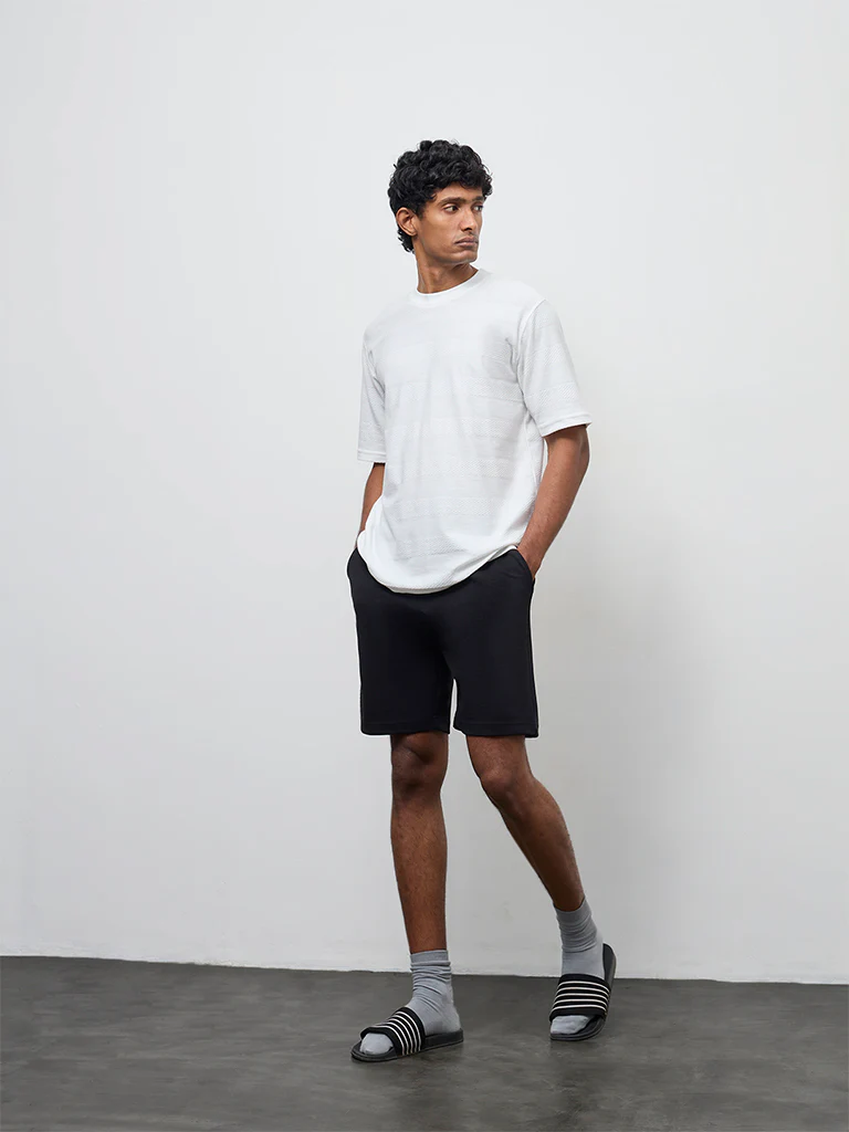 WES Lounge Black Relaxed-Fit Mid-Rise Cotton-Blend Shorts