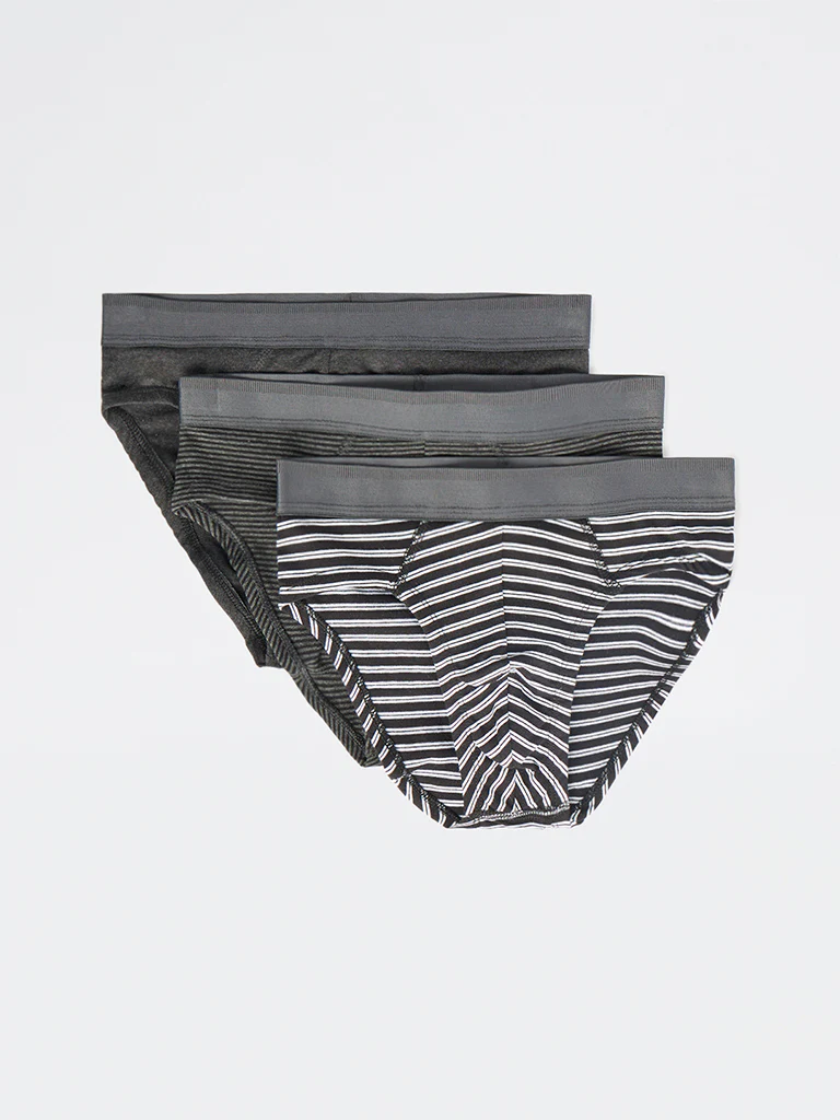 WES Lounge Black Striped Cotton-Blend Briefs - Pack of 3