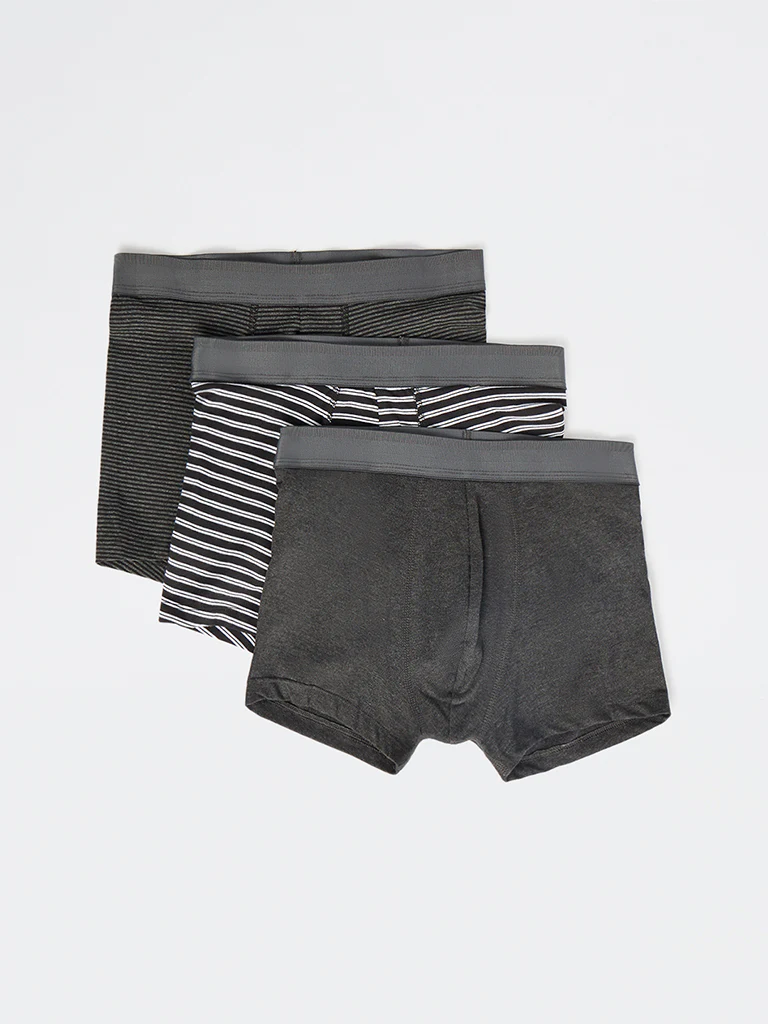 WES Lounge Black Striped Cotton Trunks - Pack of 3