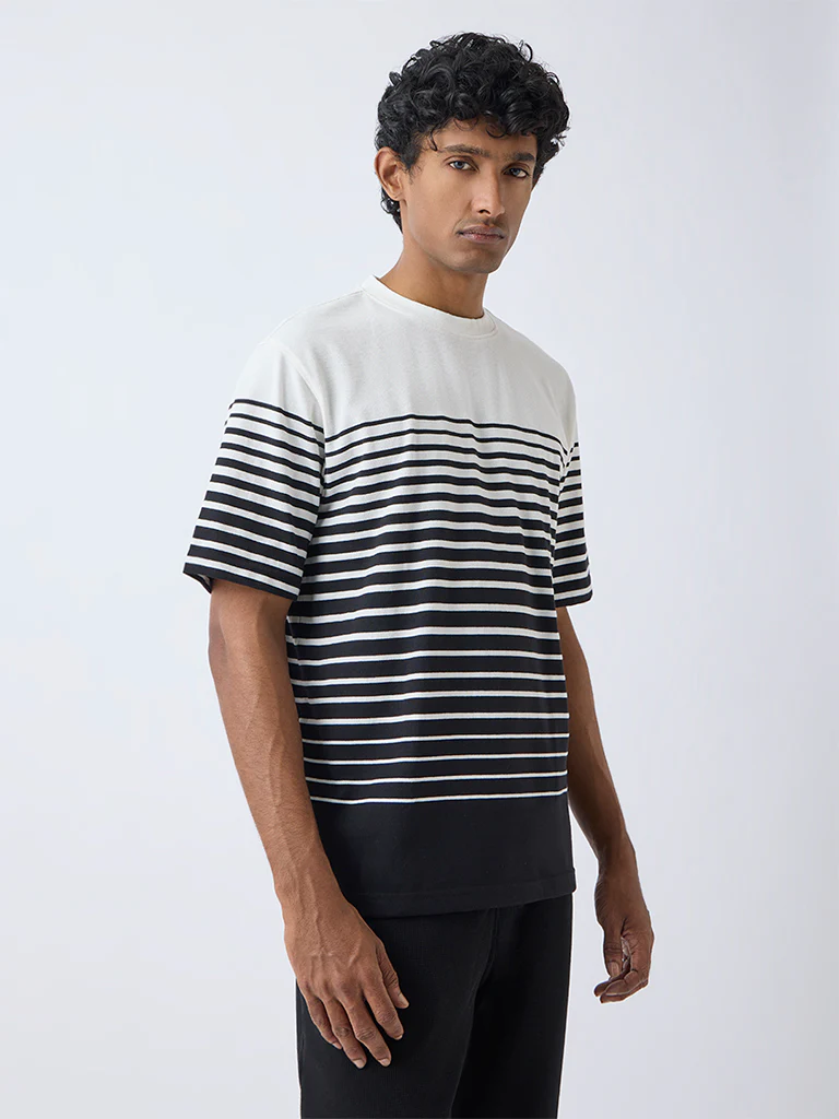 WES Lounge Black Striped Relaxed-Fit Cotton-Blend T-Shirt