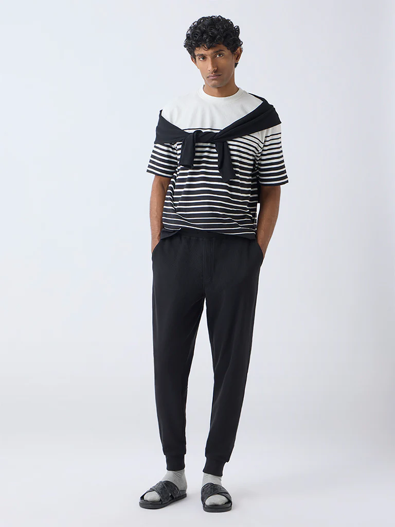WES Lounge Black Striped Relaxed-Fit Cotton-Blend T-Shirt - Image 2