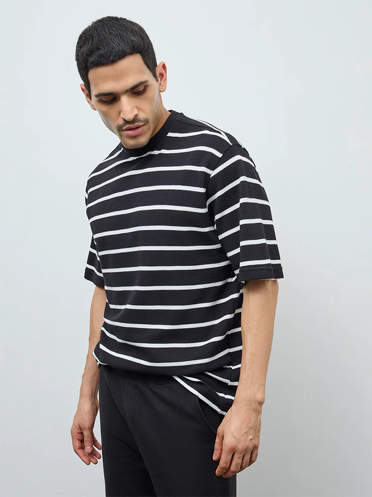 WES Lounge Black Striped Relaxed-Fit Cotton-Blend T-Shirt