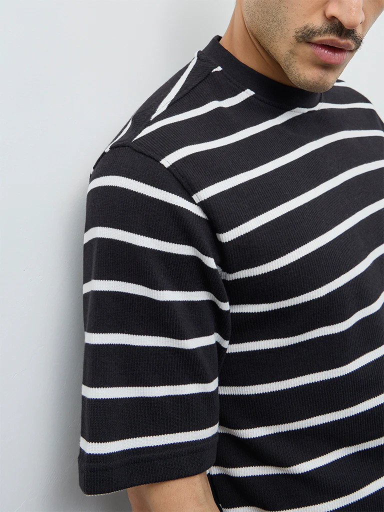 WES Lounge Black Striped Relaxed-Fit Cotton-Blend T-Shirt - Image 3