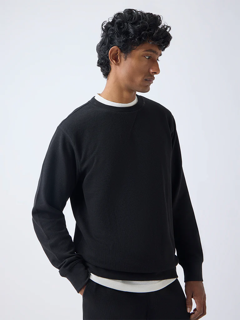 WES Lounge Black Textured Relaxed-Fit Cotton-Blend Sweatshirt